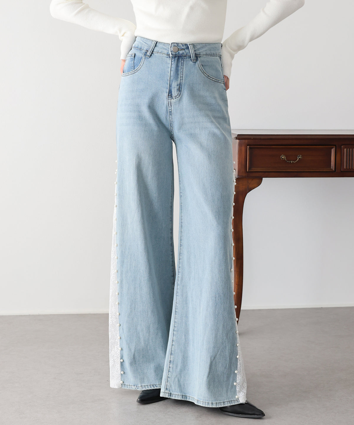 【早割5％OFF】《2サイズ展開》パールレースドッキングデニム