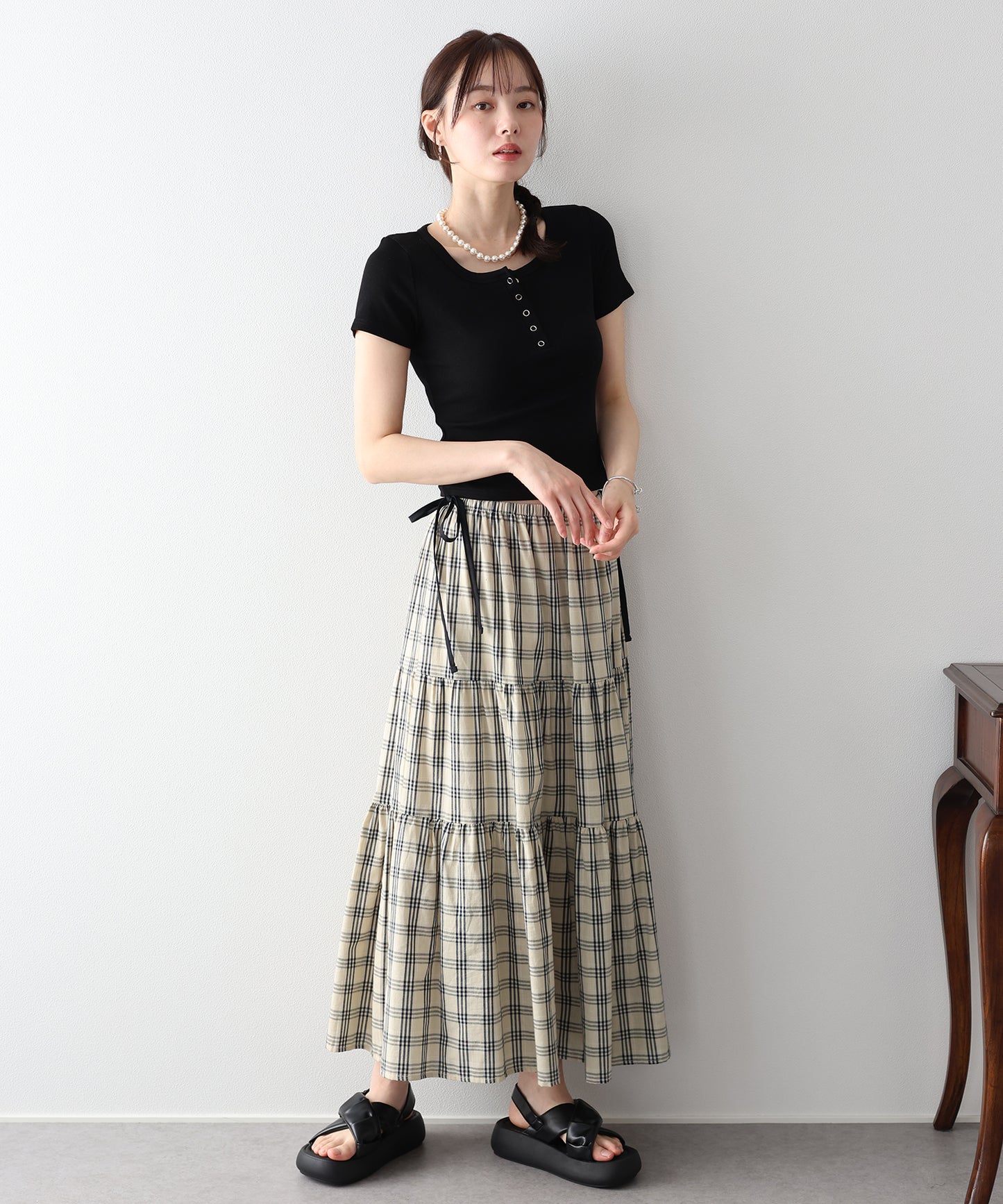 チェック柄サイドリボンティアードスカート