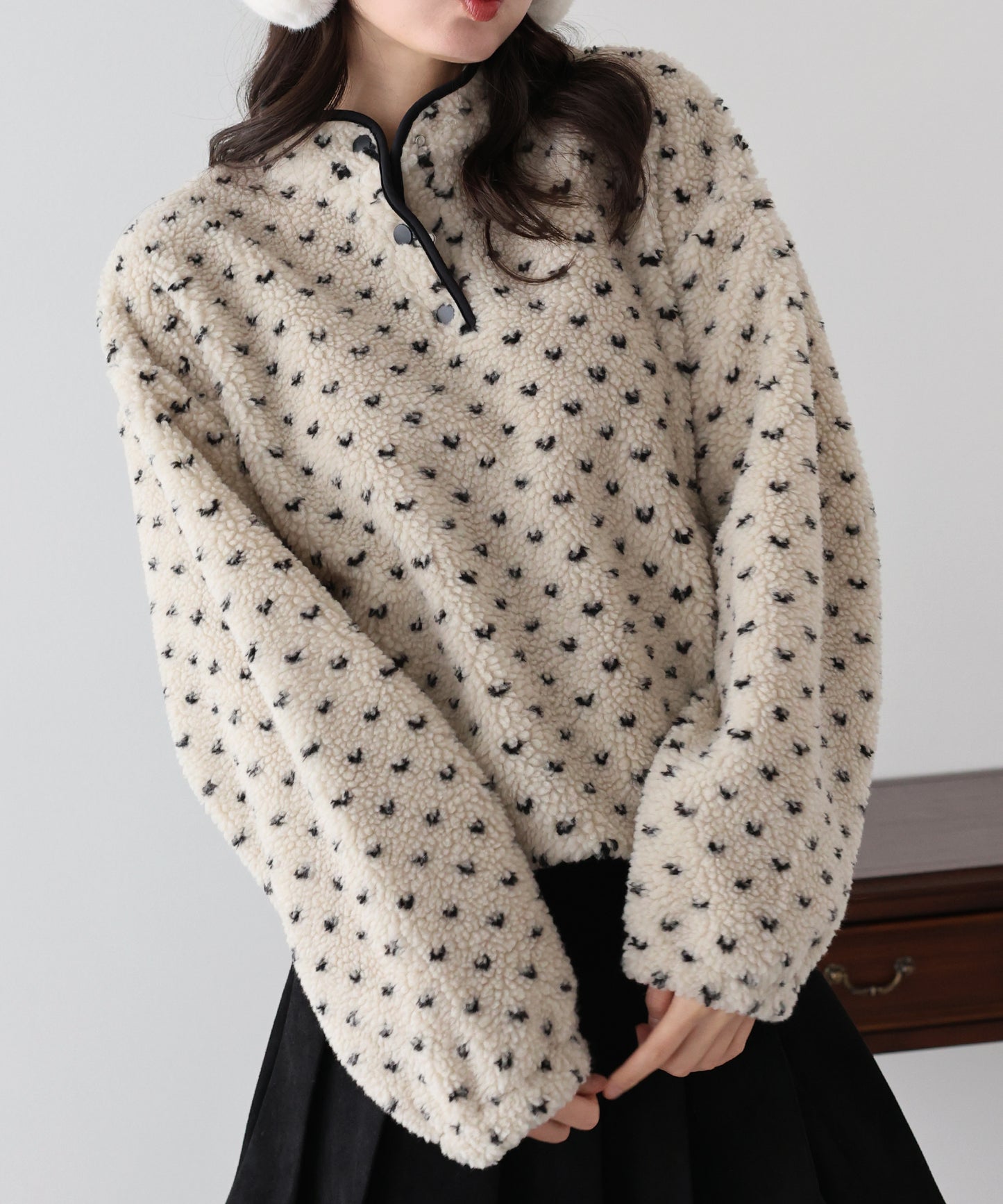 【早割5％OFF】ハート柄ボアハーフボタンプルオーバー