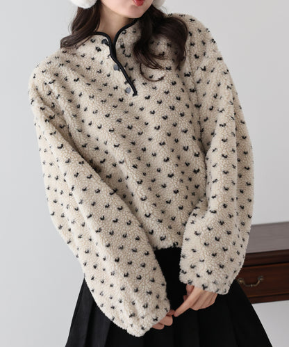【早割5％OFF】ハート柄ボアハーフボタンプルオーバー