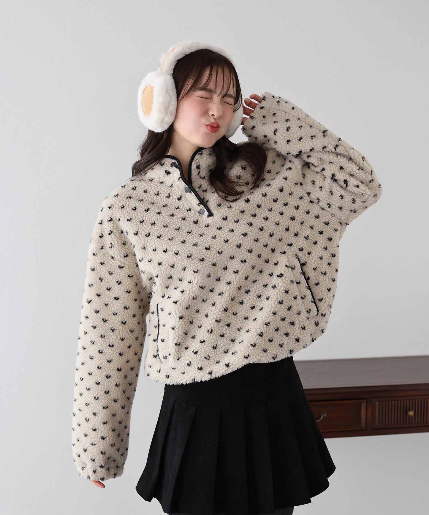 【早割5％OFF】ハート柄ボアハーフボタンプルオーバー