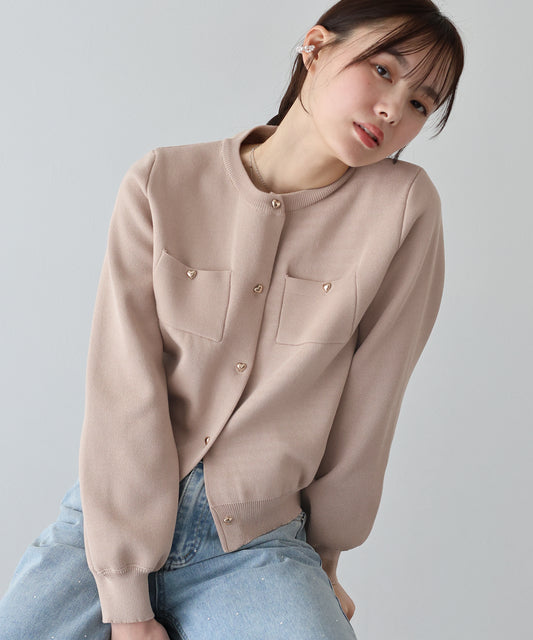 【SALE】ぷっくりハートボタンポリニットカーディガン