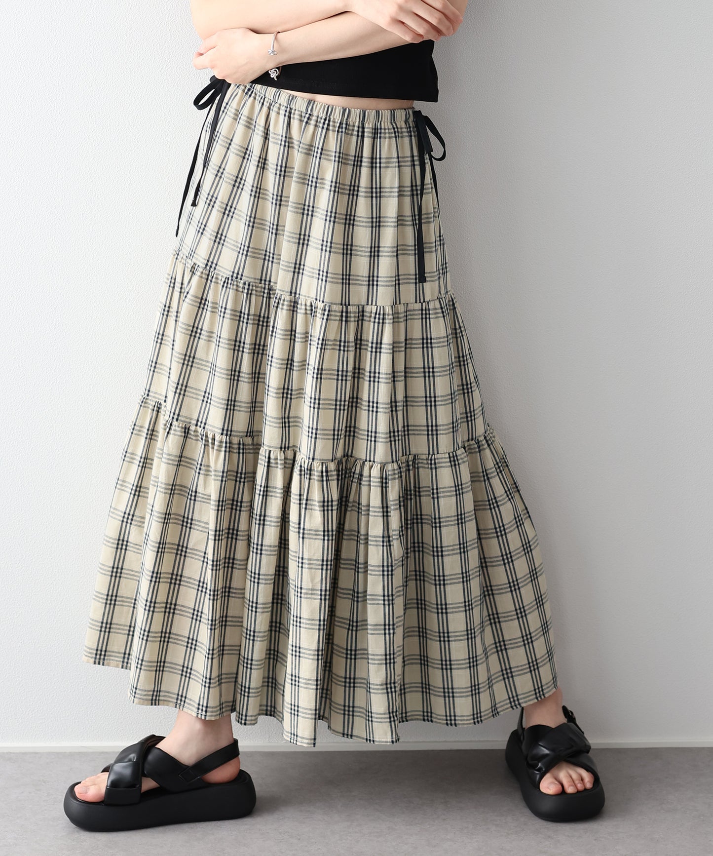 チェック柄サイドリボンティアードスカート
