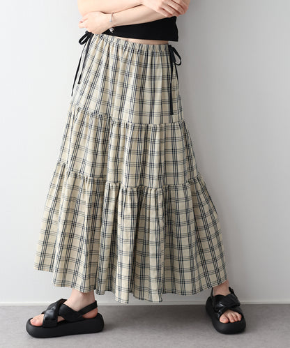 チェック柄サイドリボンティアードスカート