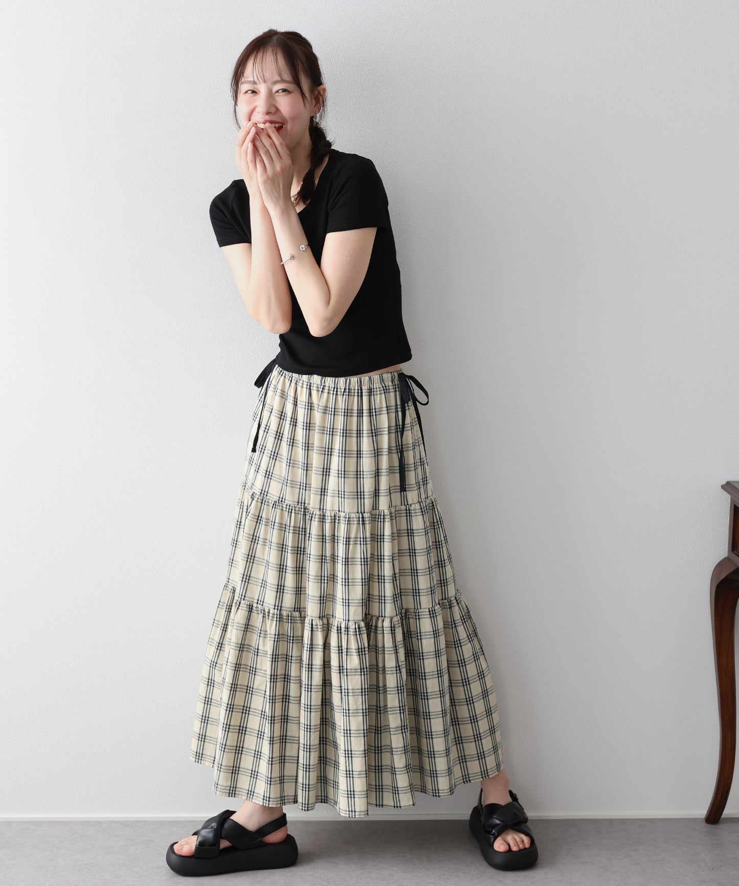 チェック柄サイドリボンティアードスカート