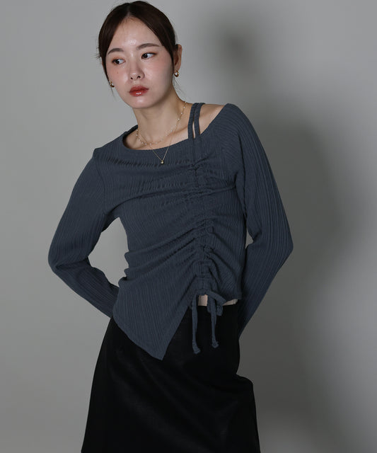 【早割5％OFF】ワンオフショルダーギャザーリボンTシャツ[ J by blue ]【ネコポス】