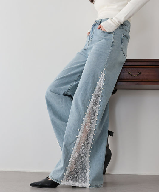 【早割5％OFF】《2サイズ展開》パールレースドッキングデニム