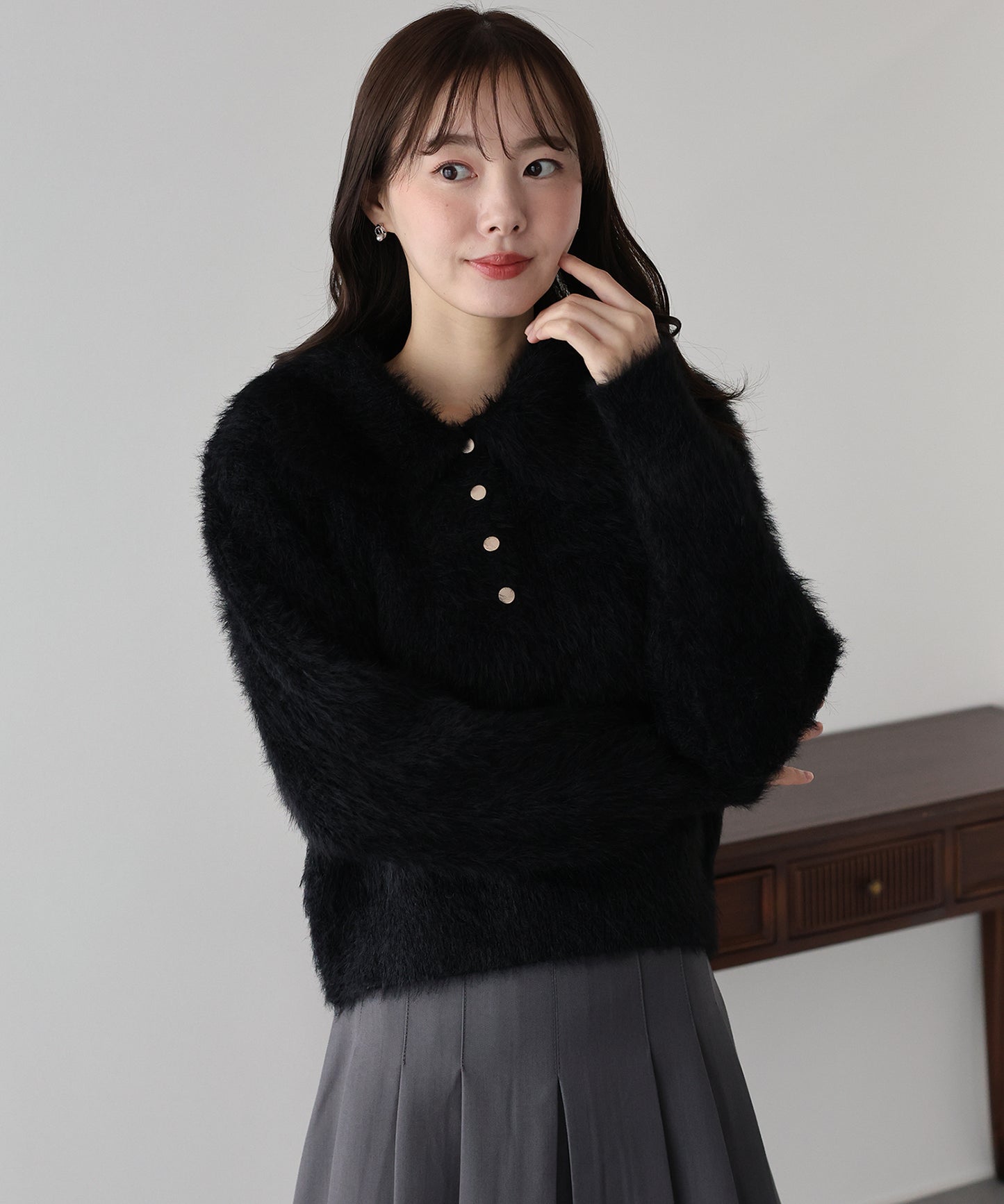 【早割5％OFF】シャギーポロ襟カーディガン