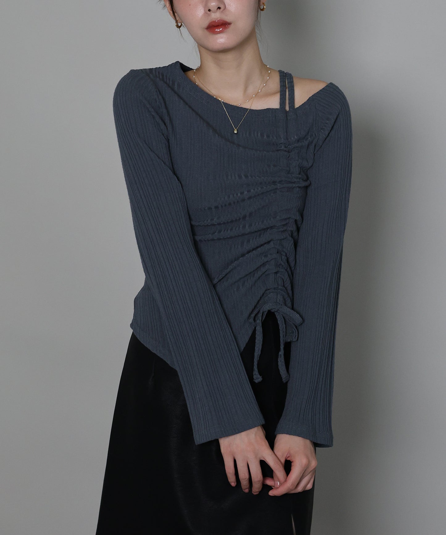 【早割5％OFF】ワンオフショルダーギャザーリボンTシャツ[ J by blue ]【ネコポス】
