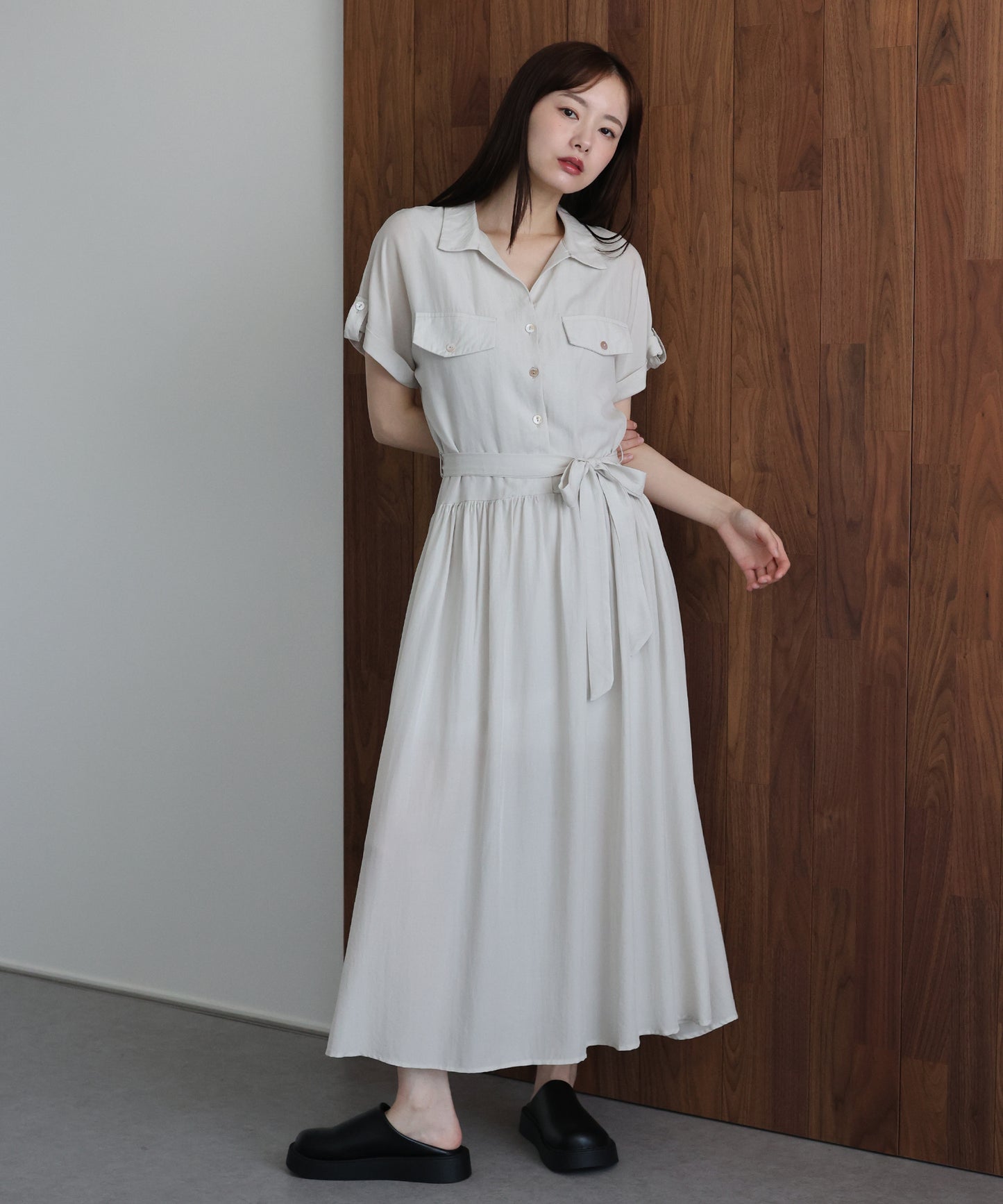 【早割5％OFF】スキッパーネックシャツワンピース