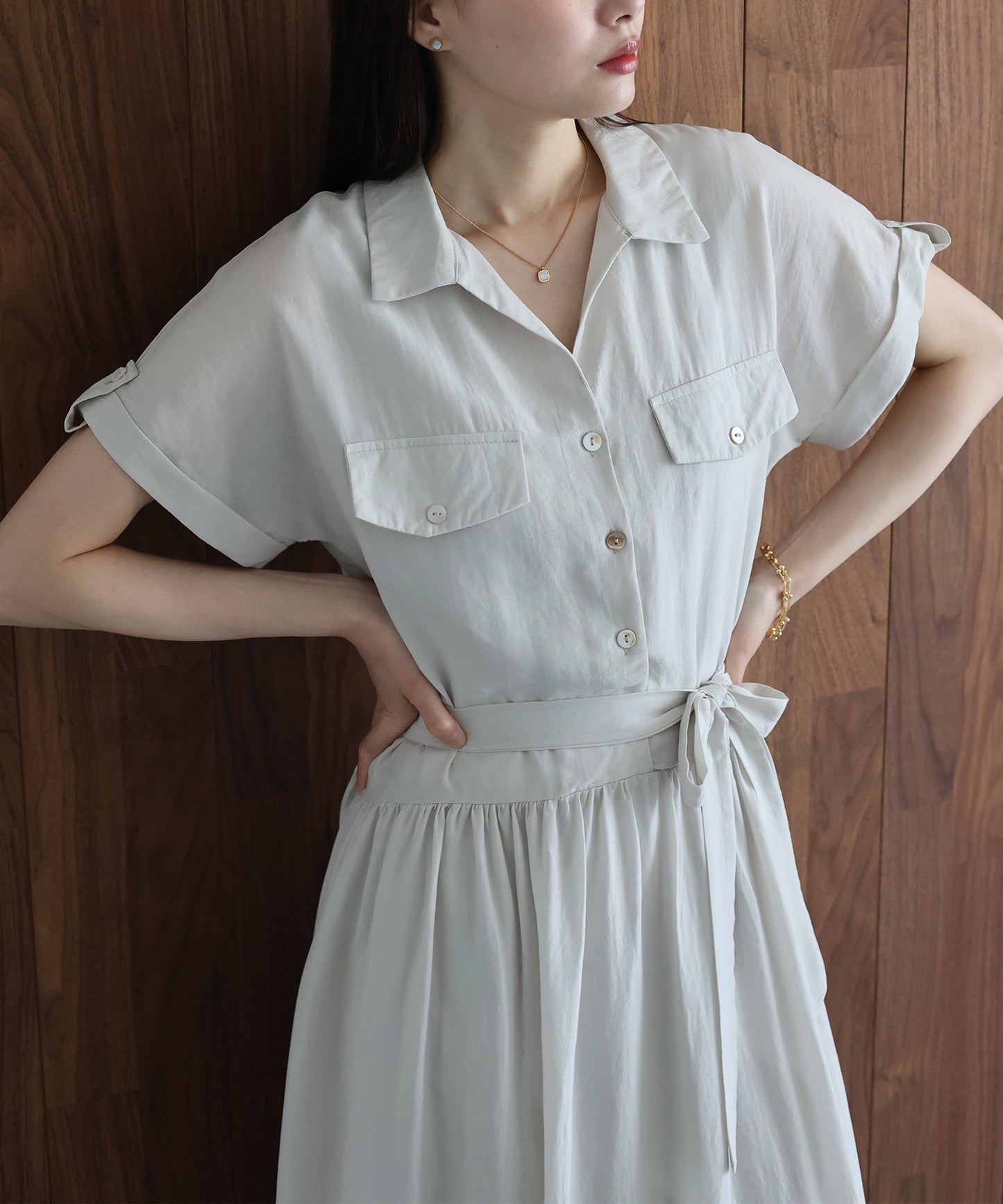 【早割5％OFF】スキッパーネックシャツワンピース