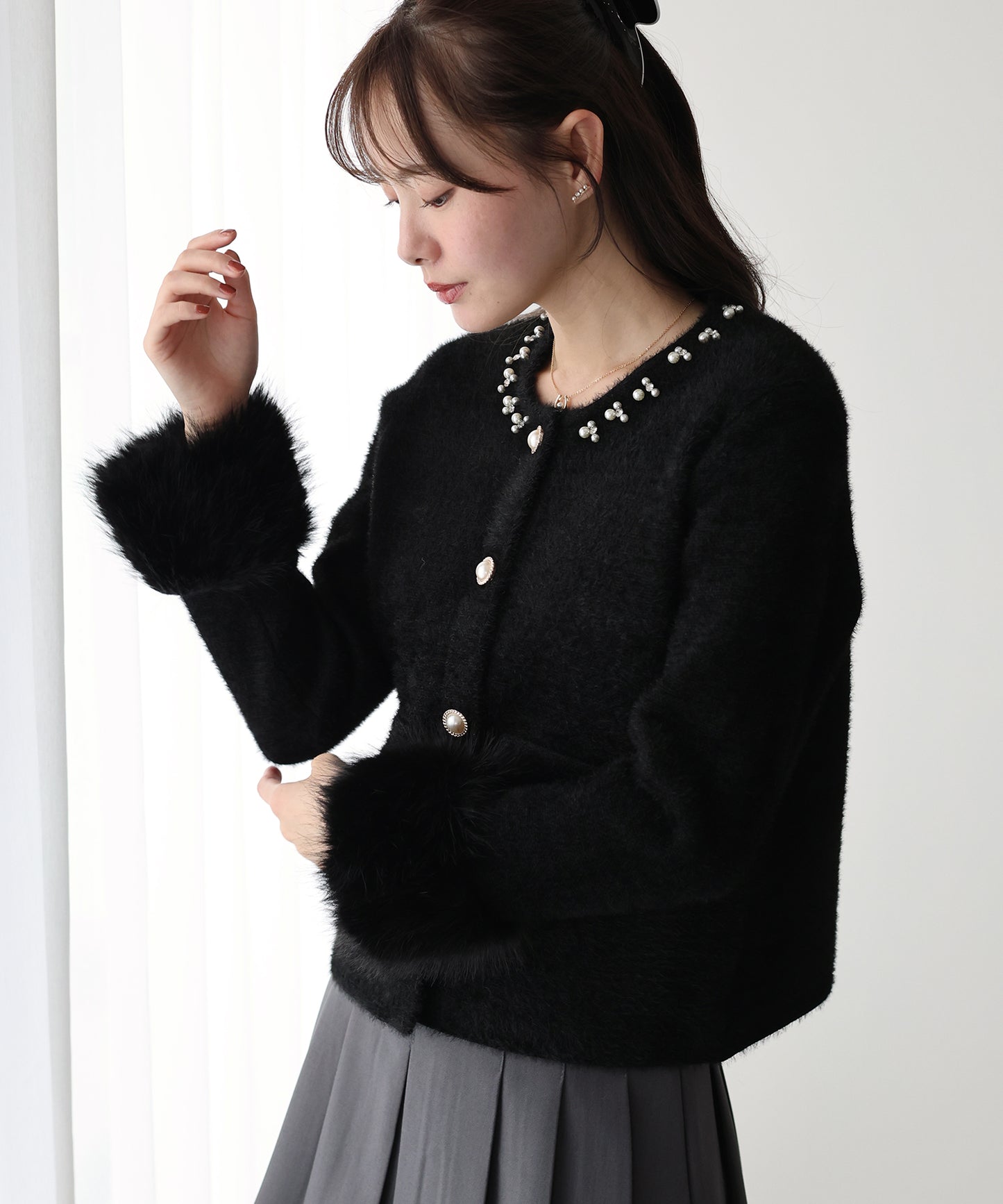 【早割5％OFF】袖ファーパールビジュージャケット