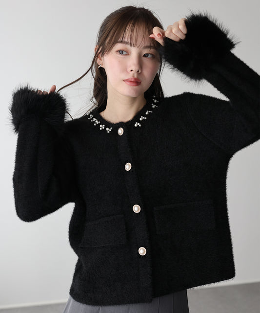 【早割5％OFF】袖ファーパールビジュージャケット