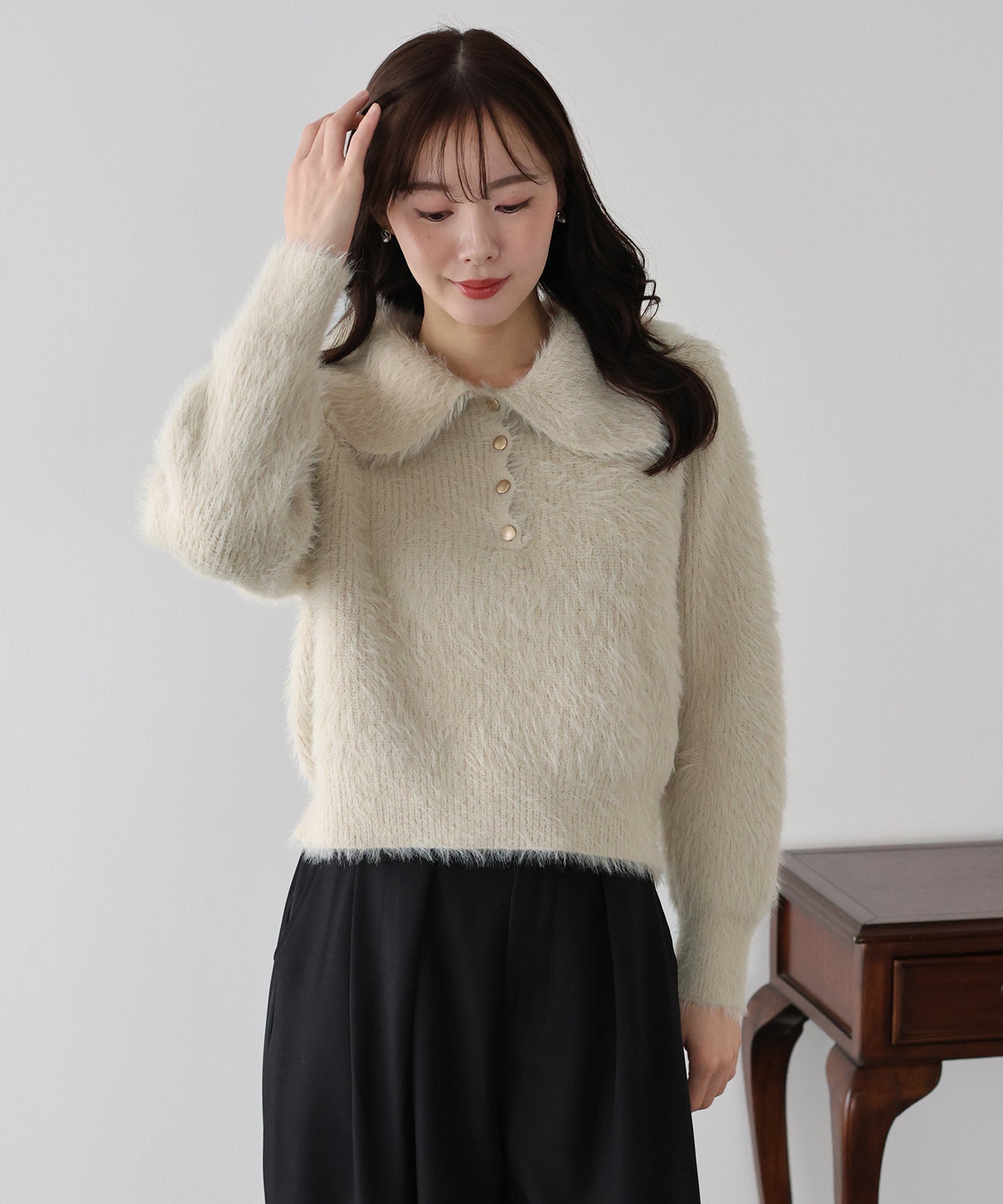 【早割5％OFF】シャギーポロ襟カーディガン