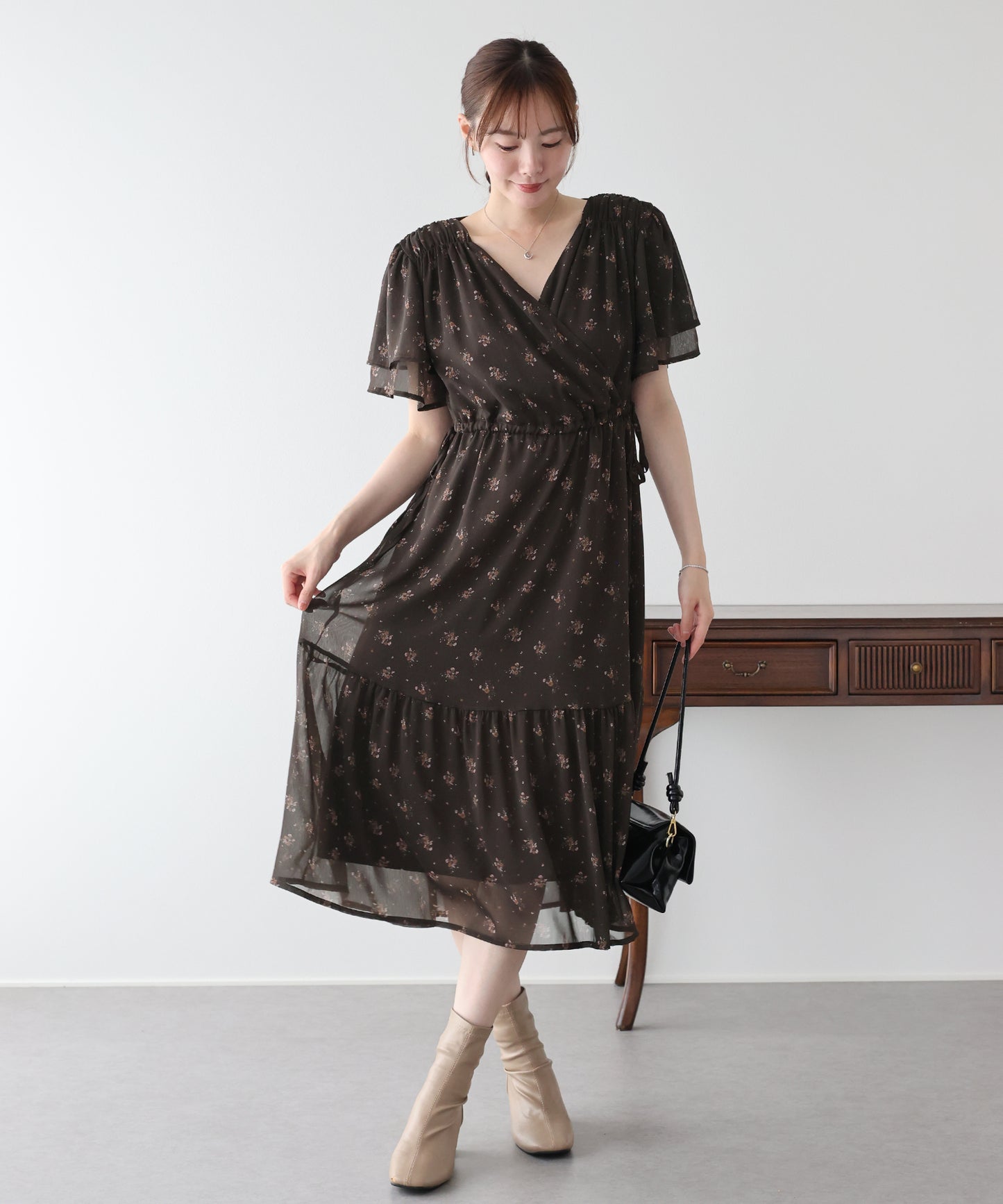 《選べる着丈》シフォンプリントカシュクールワンピース