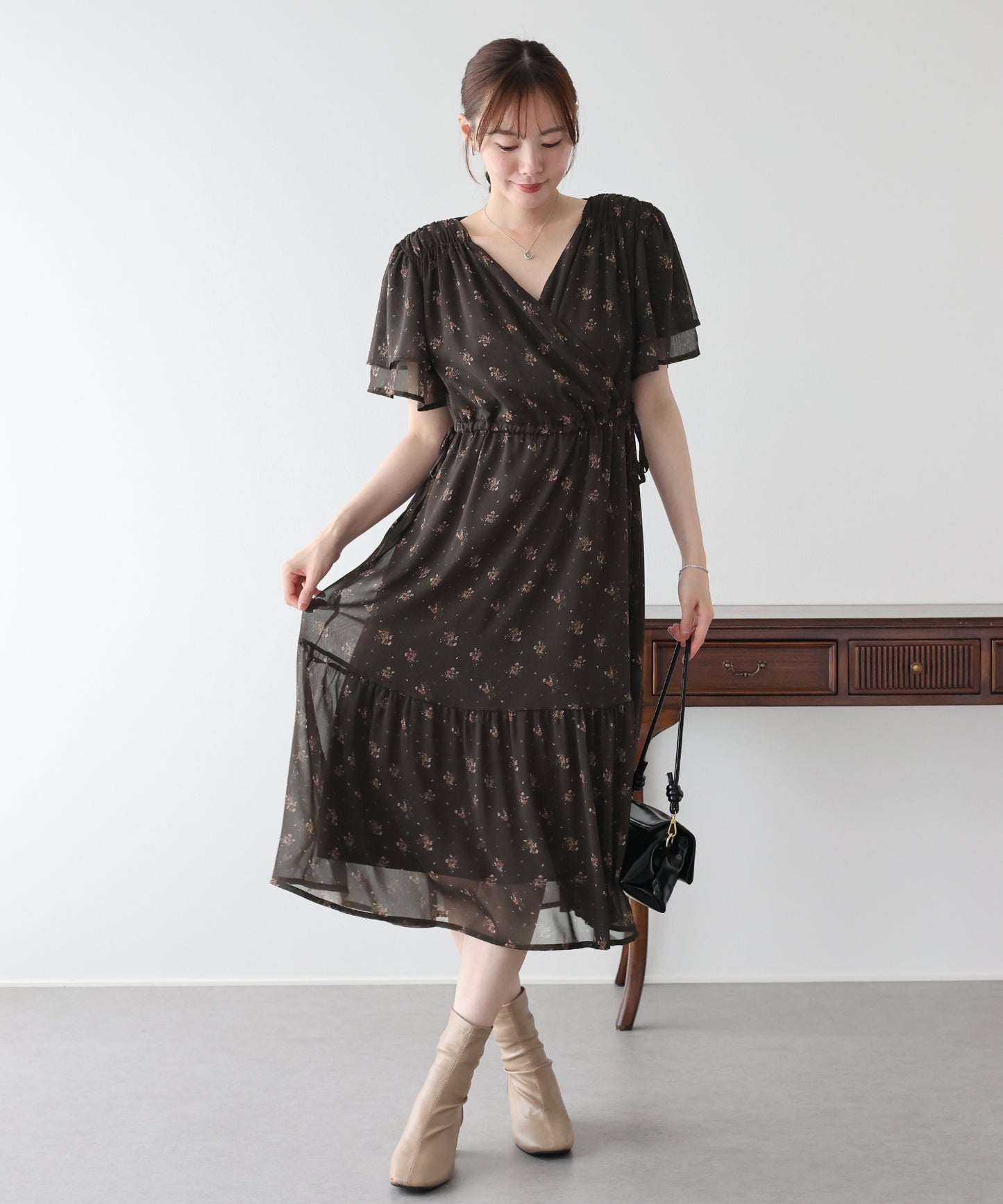 《選べる着丈》シフォンプリントカシュクールワンピース