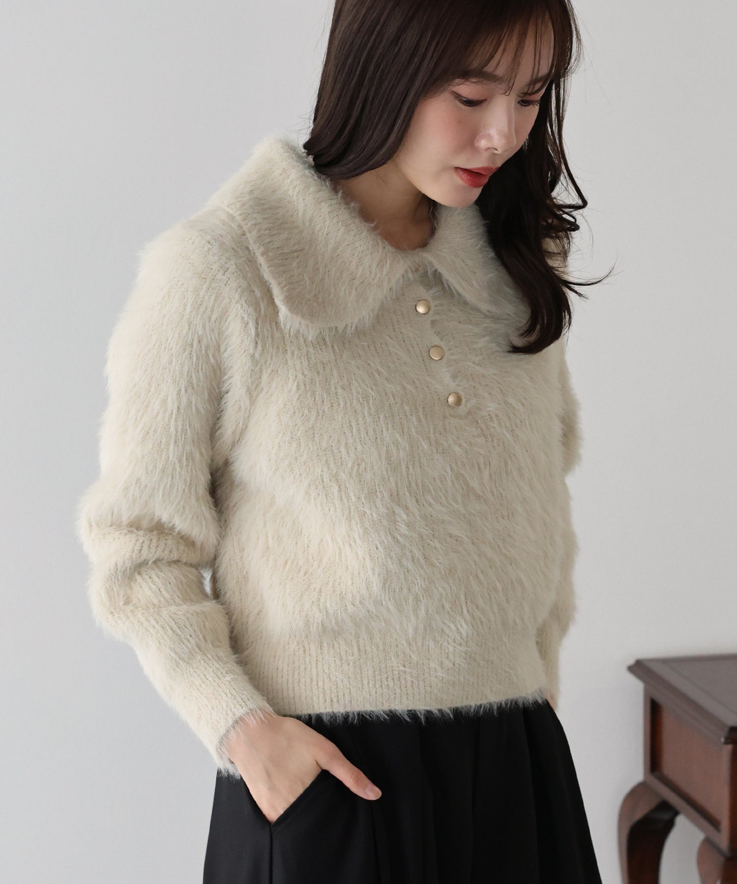 【早割5％OFF】シャギーポロ襟カーディガン