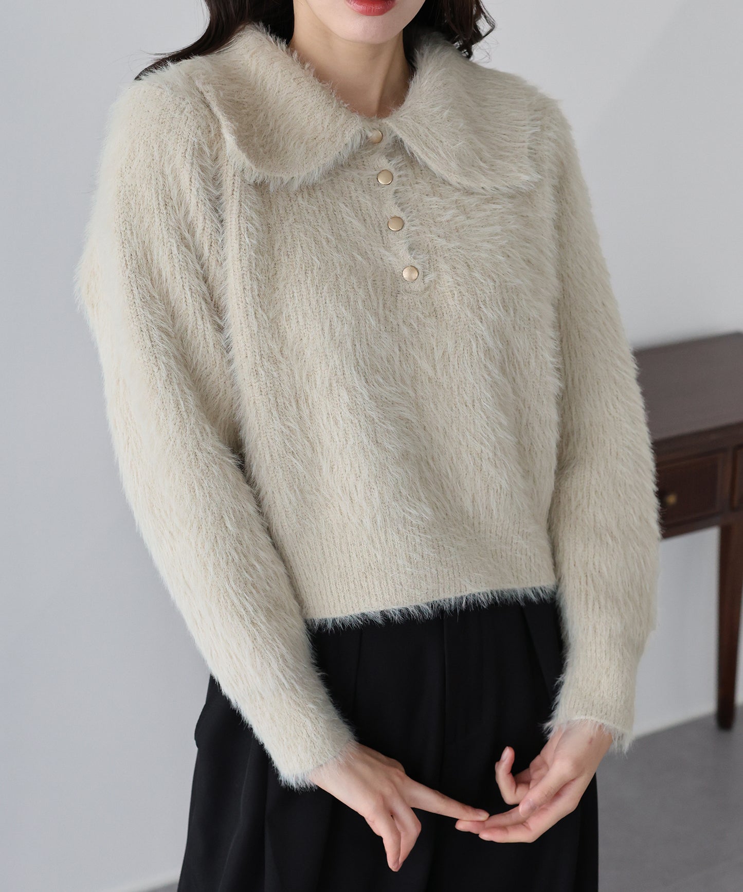 【早割5％OFF】シャギーポロ襟カーディガン