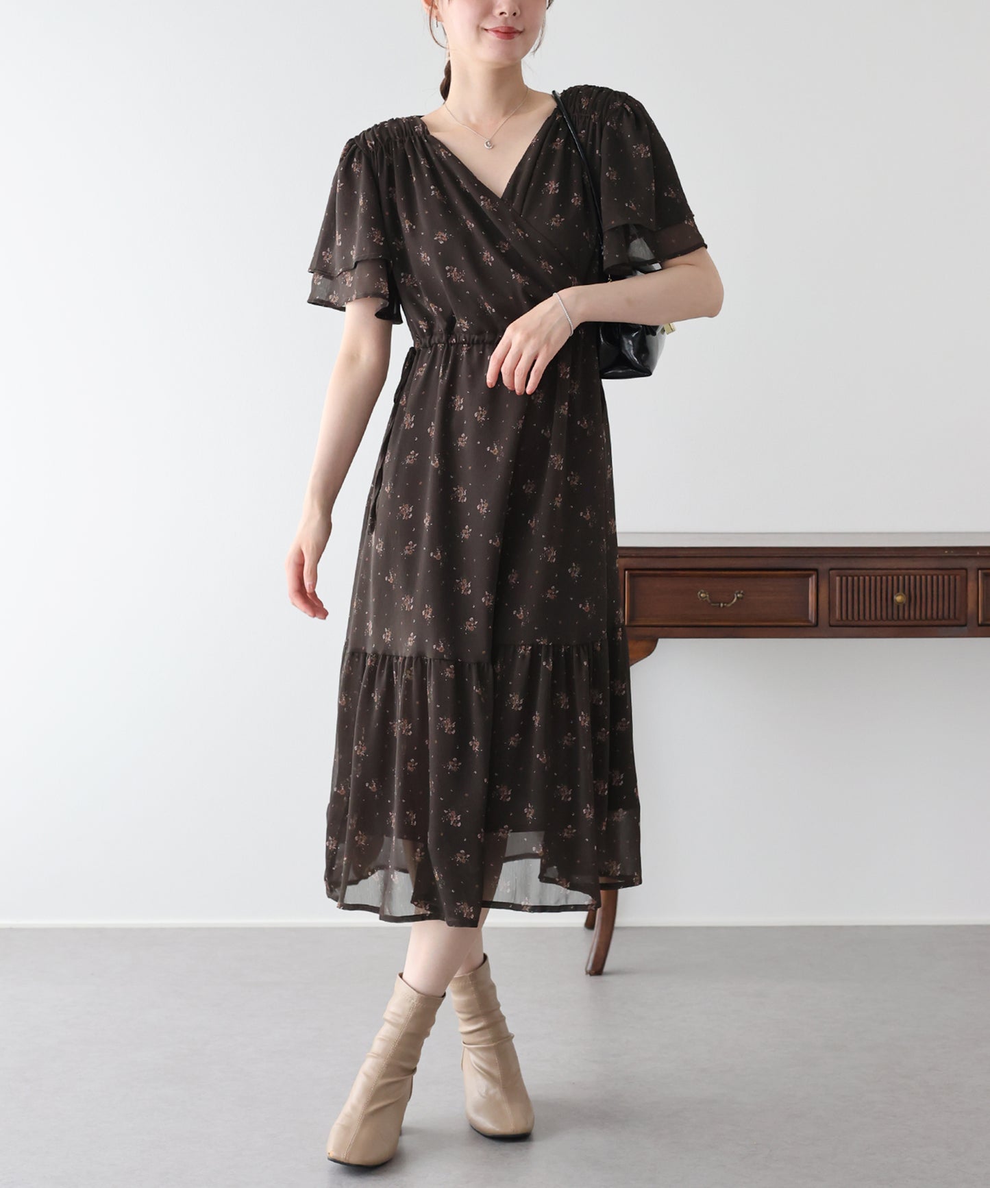 《選べる着丈》シフォンプリントカシュクールワンピース