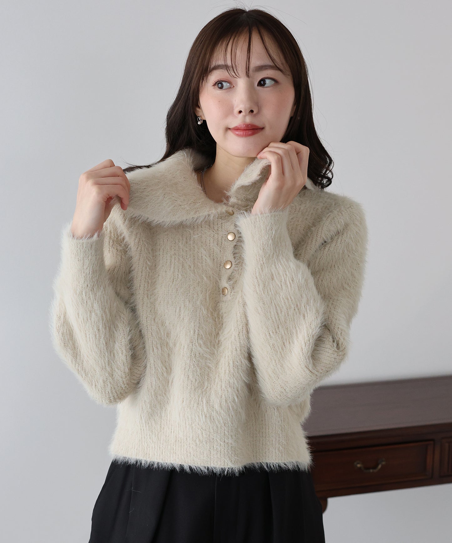 【早割5％OFF】シャギーポロ襟カーディガン