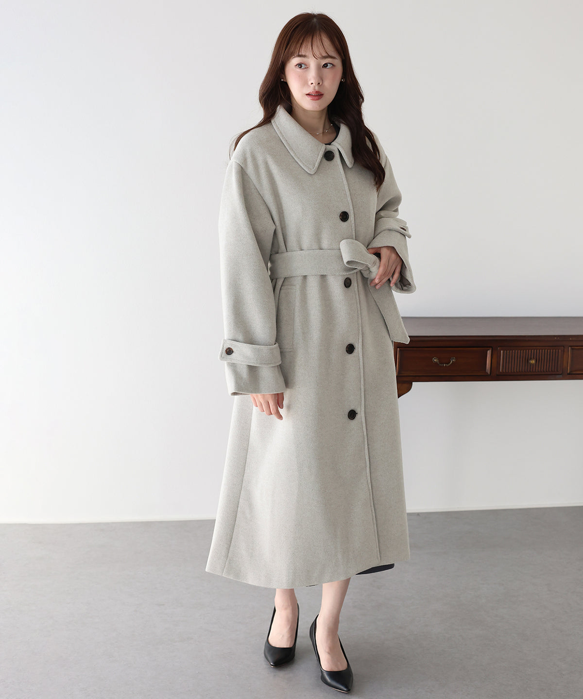 【早割5％OFF】ウール混ウエストベルトロングコート