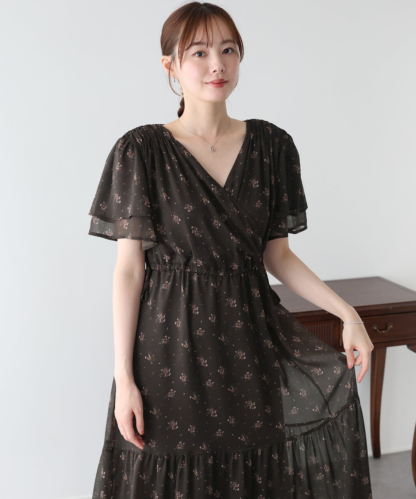 《選べる着丈》シフォンプリントカシュクールワンピース