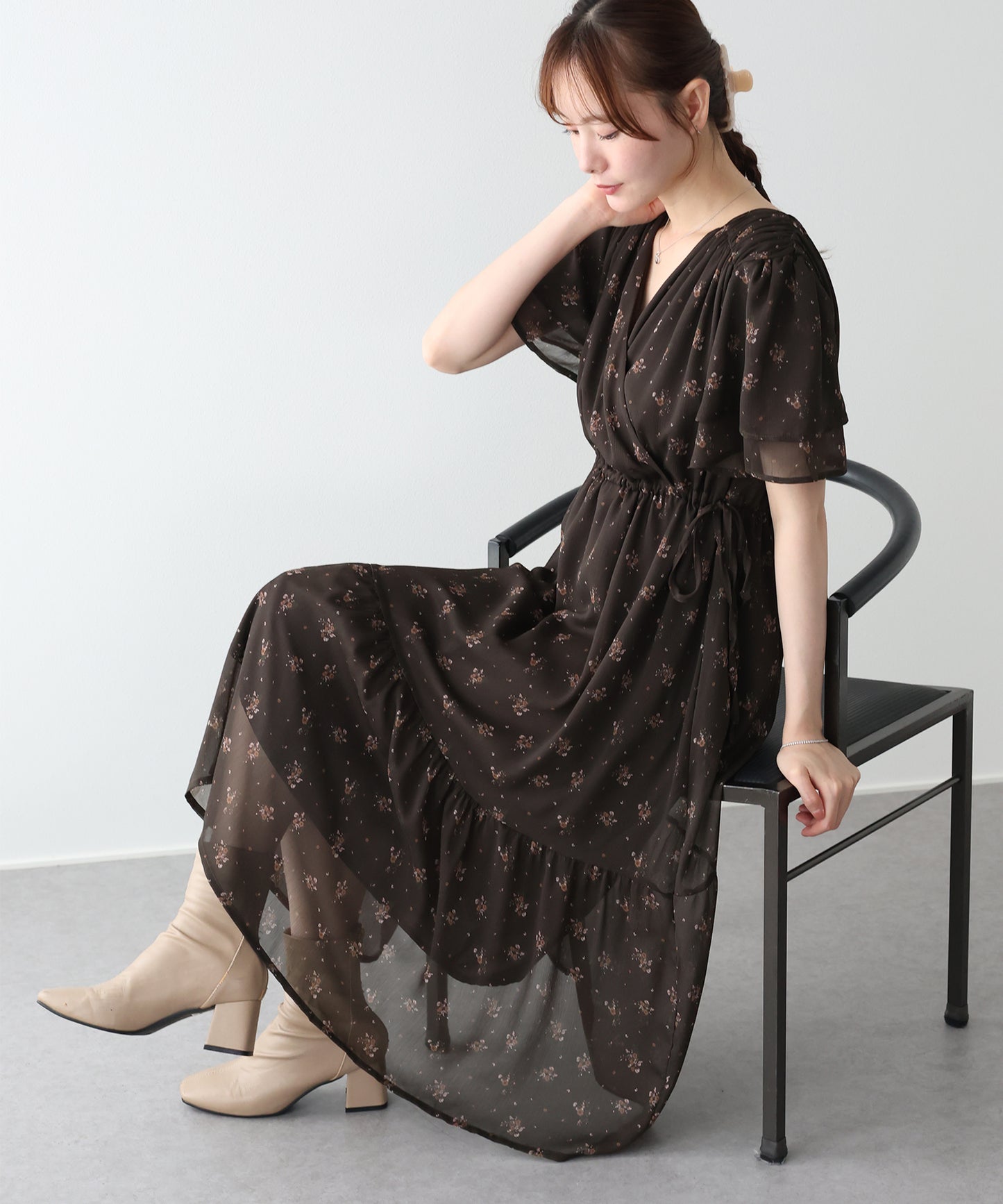 《選べる着丈》シフォンプリントカシュクールワンピース