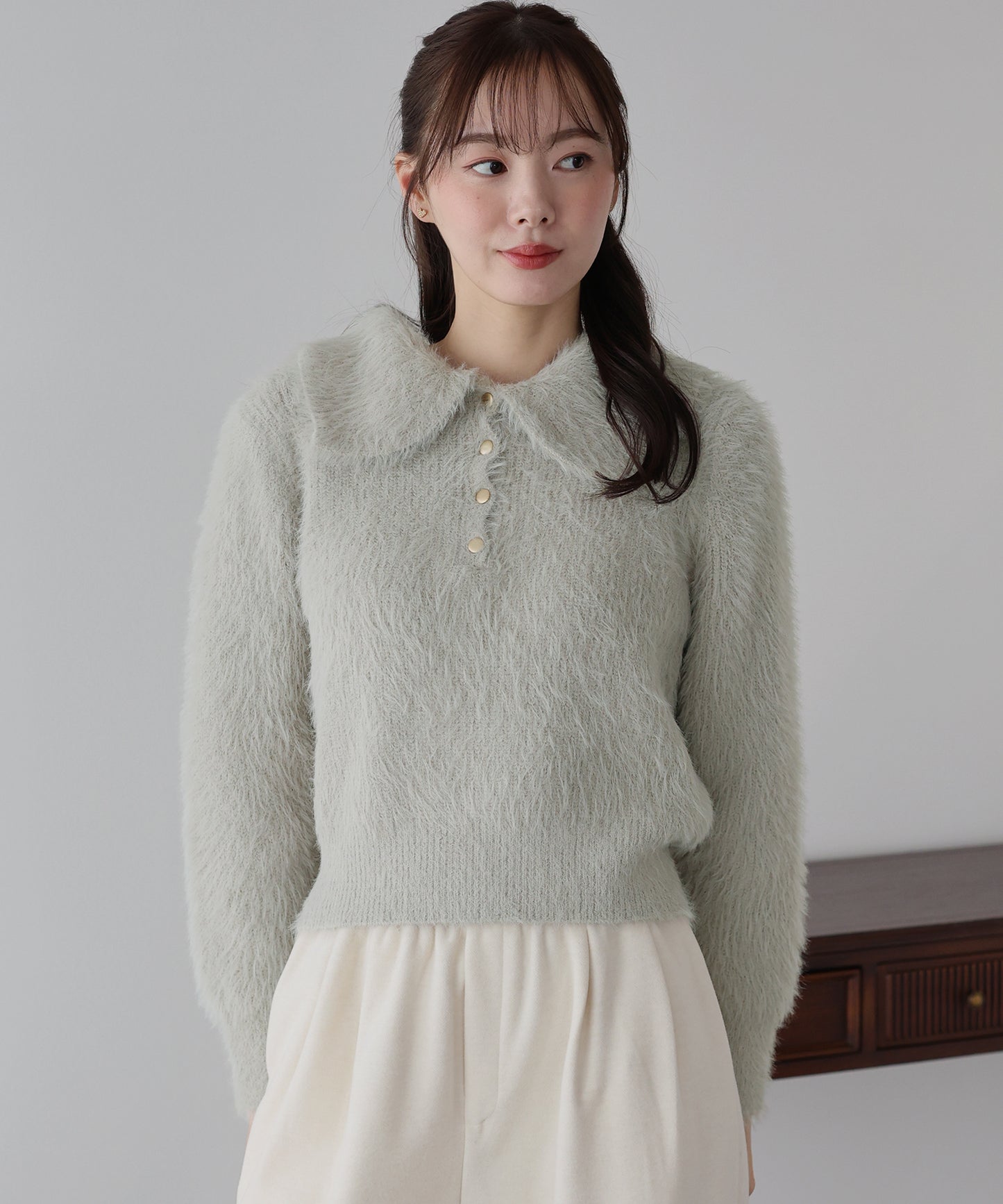 【早割5％OFF】シャギーポロ襟カーディガン