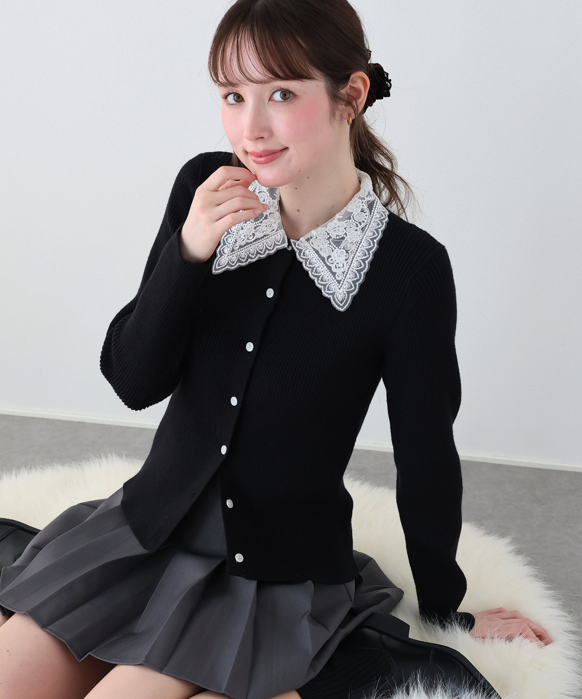 【早割5％OFF】レース襟リブカーディガン