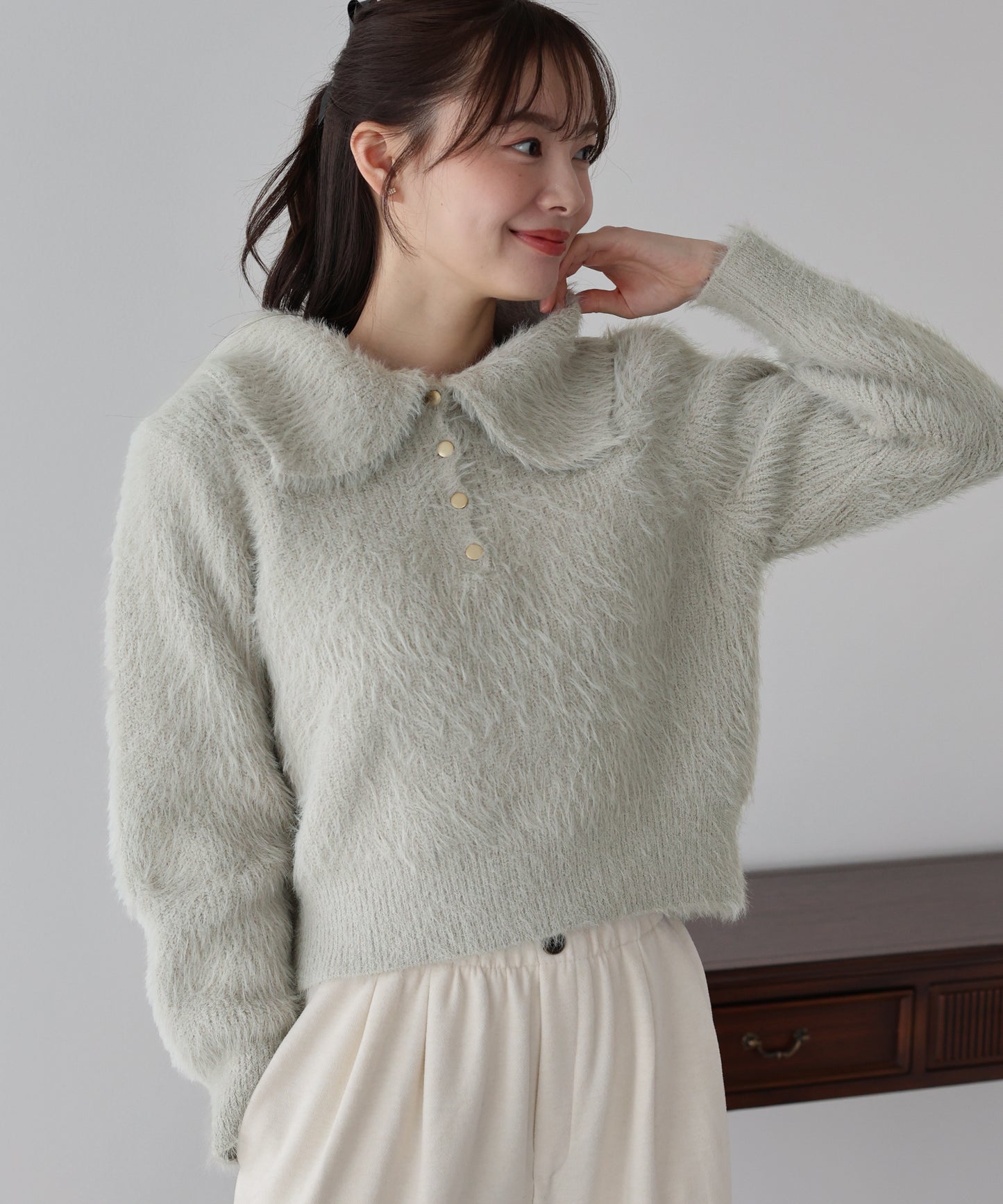 【早割5％OFF】シャギーポロ襟カーディガン