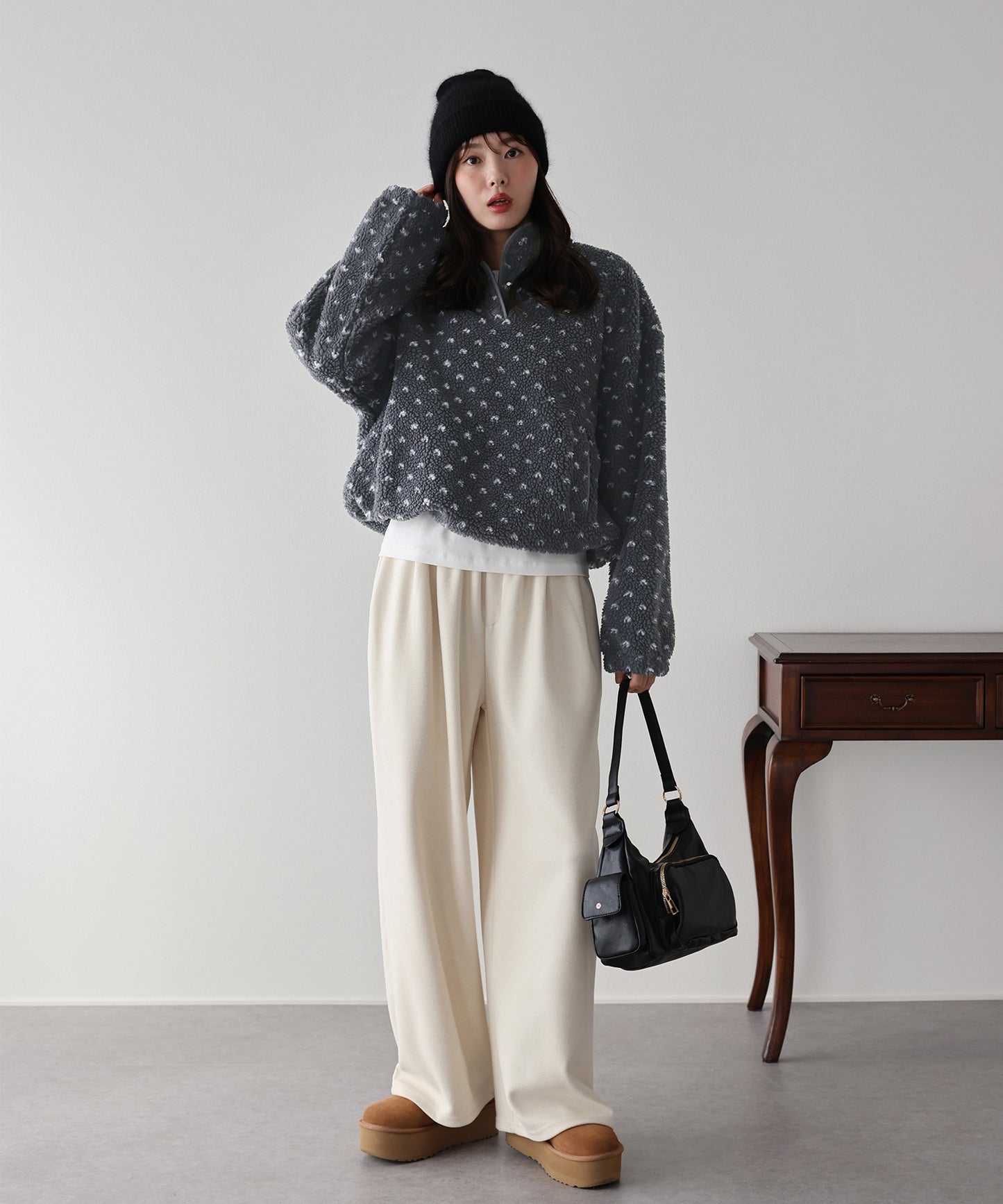 【早割5％OFF】ハート柄ボアハーフボタンプルオーバー