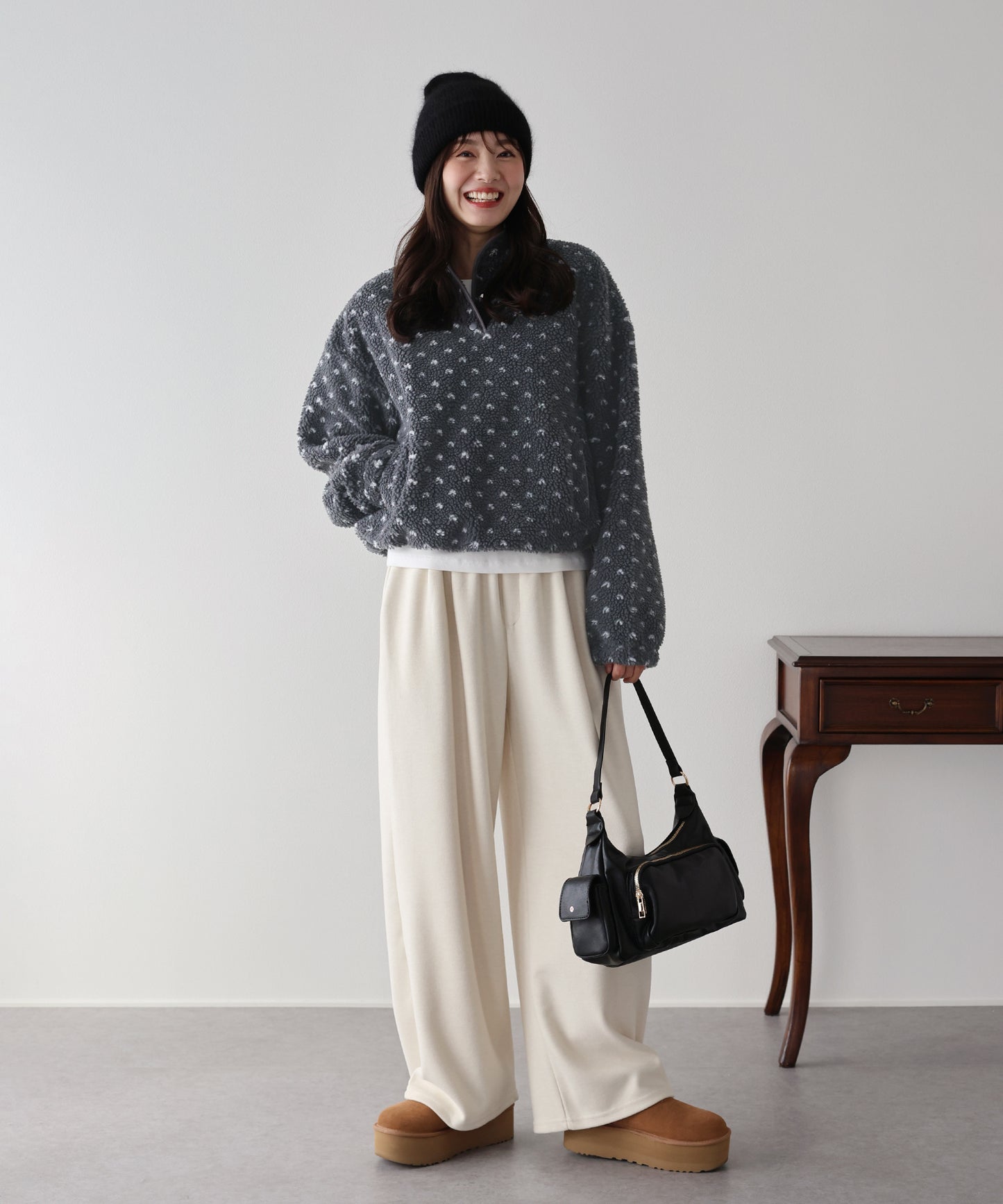 【早割5％OFF】ハート柄ボアハーフボタンプルオーバー