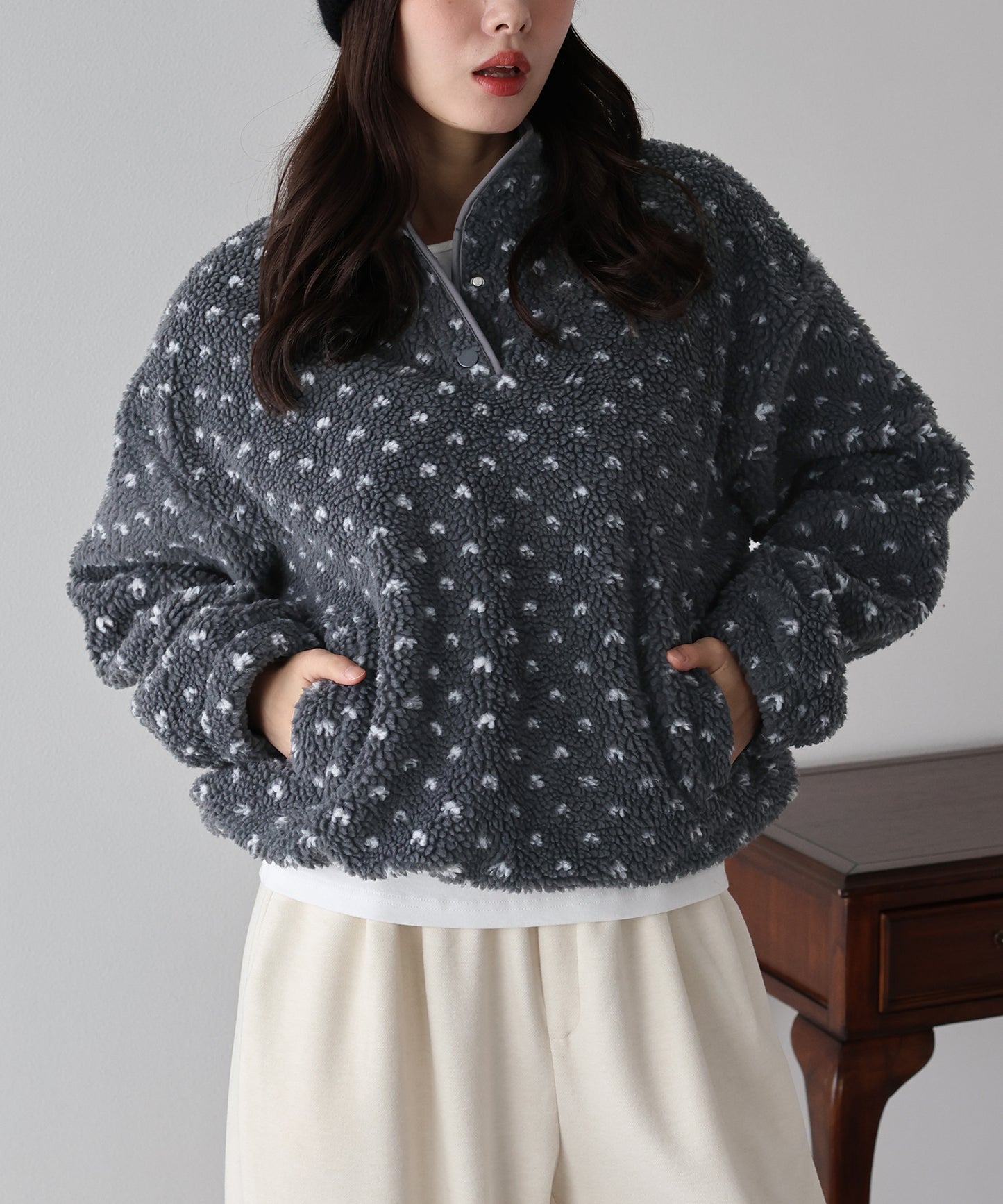 ハート柄ボアハーフボタンプルオーバー