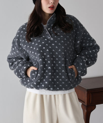 ハート柄ボアハーフボタンプルオーバー