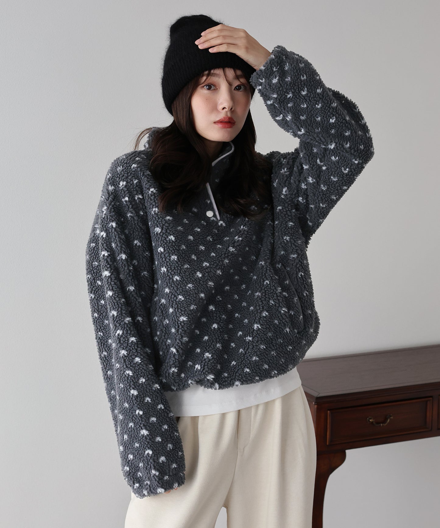 ハート柄ボアハーフボタンプルオーバー