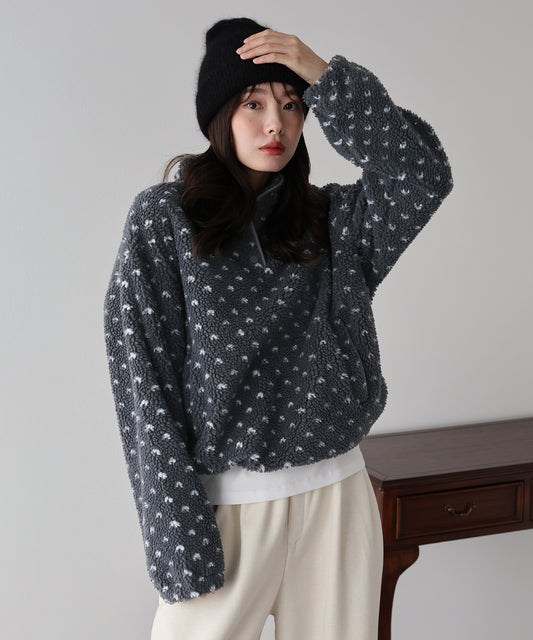 【早割5％OFF】ハート柄ボアハーフボタンプルオーバー