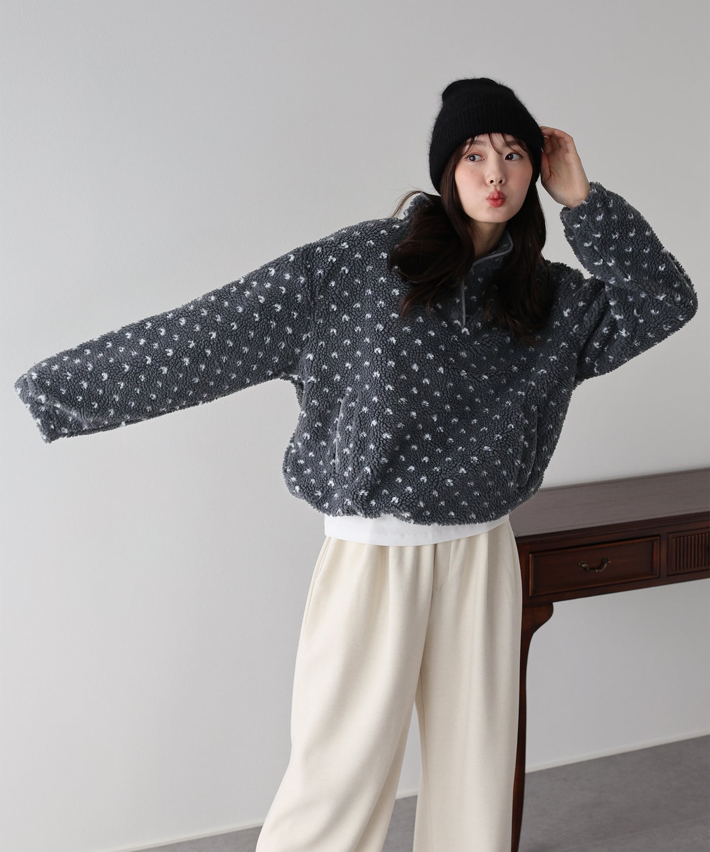 【早割5％OFF】ハート柄ボアハーフボタンプルオーバー