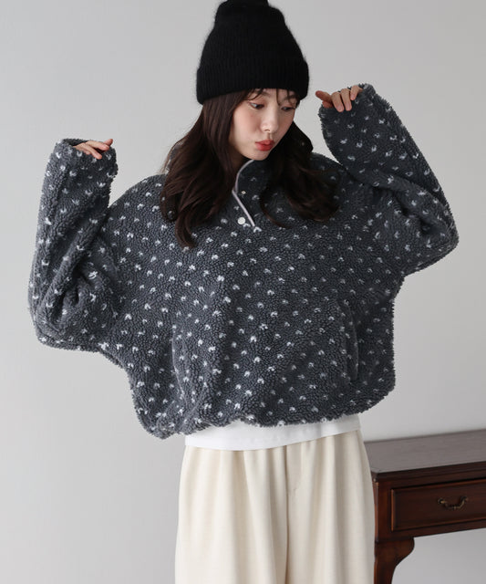 【早割5％OFF】ハート柄ボアハーフボタンプルオーバー