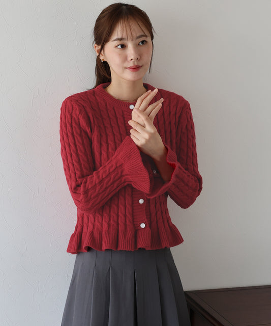 【早割5％OFF】ケーブルペプラムカーディガン
