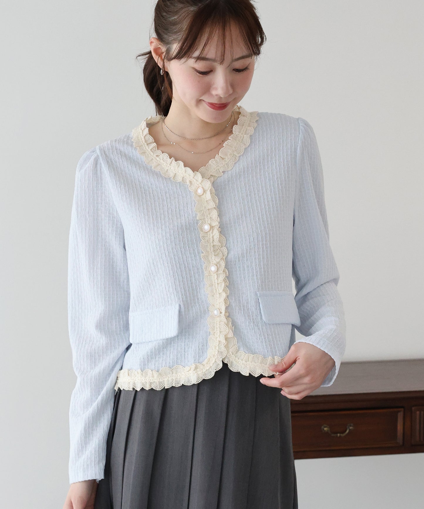 【早割5％OFF】フリルレースジャガードカーディガン