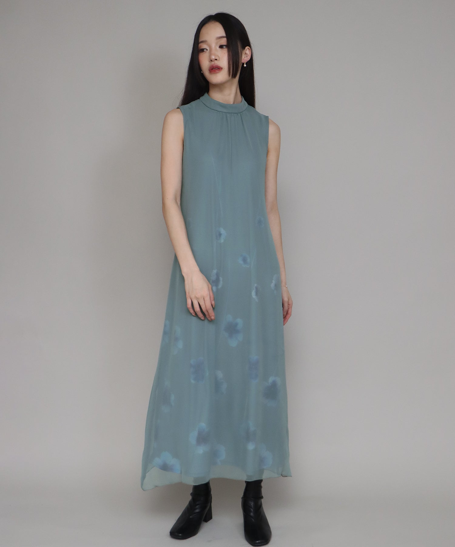 TIME SALE】日本製 アートフラワープリントノースリーブドレス – BLUE