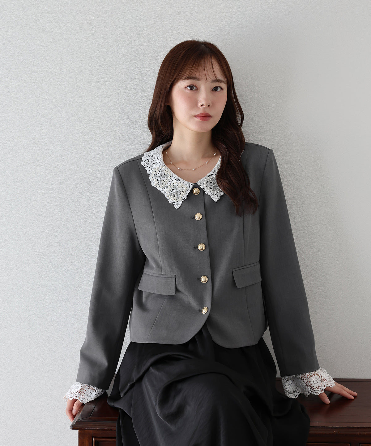 【早割5％OFF】《2サイズ展開/ 2WAY》ビジューレース付ノーカラージャケット