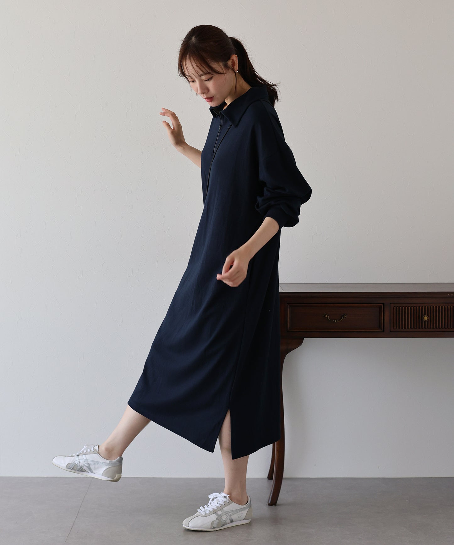 ハーフジップスウェットワンピース