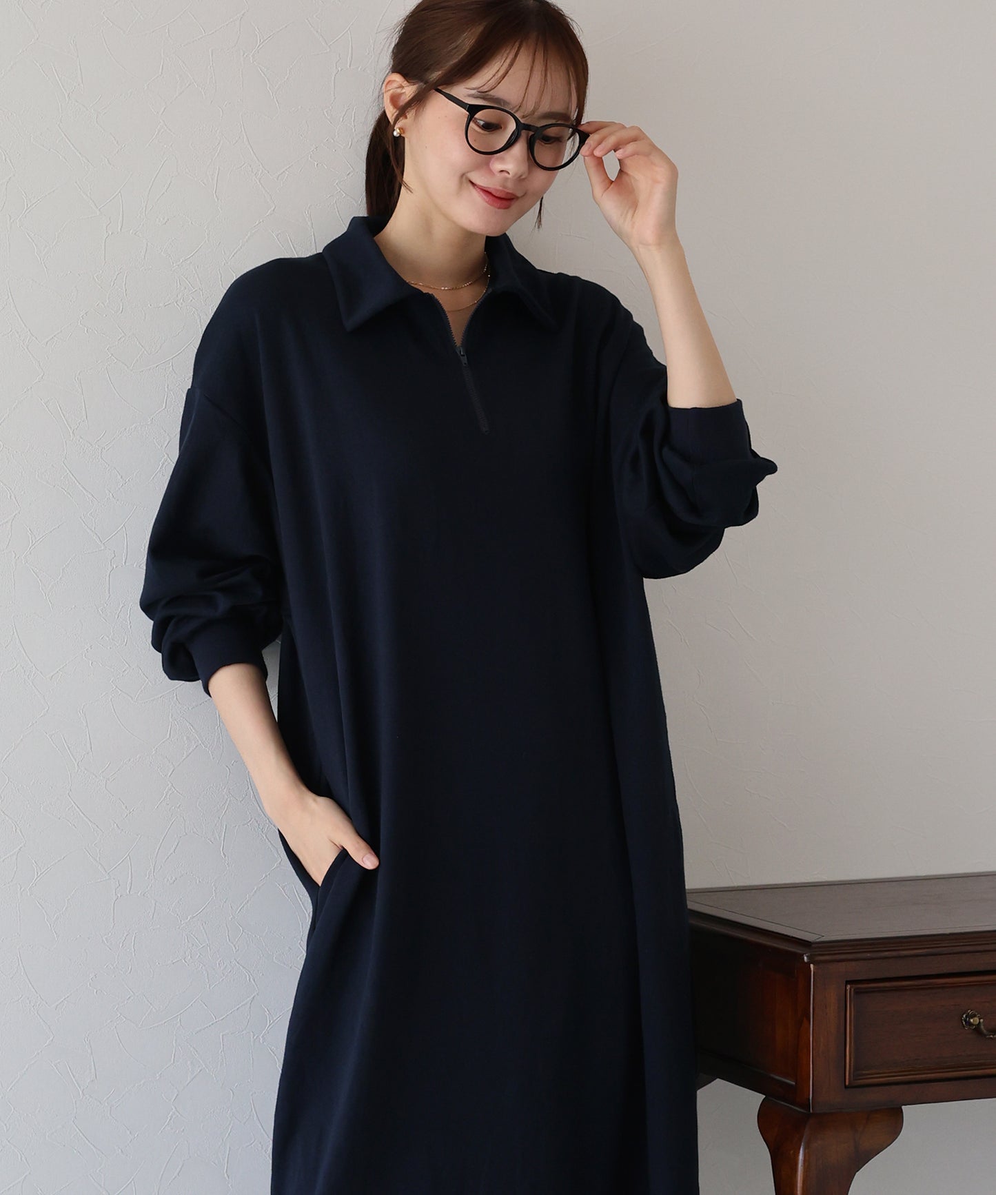 ハーフジップスウェットワンピース