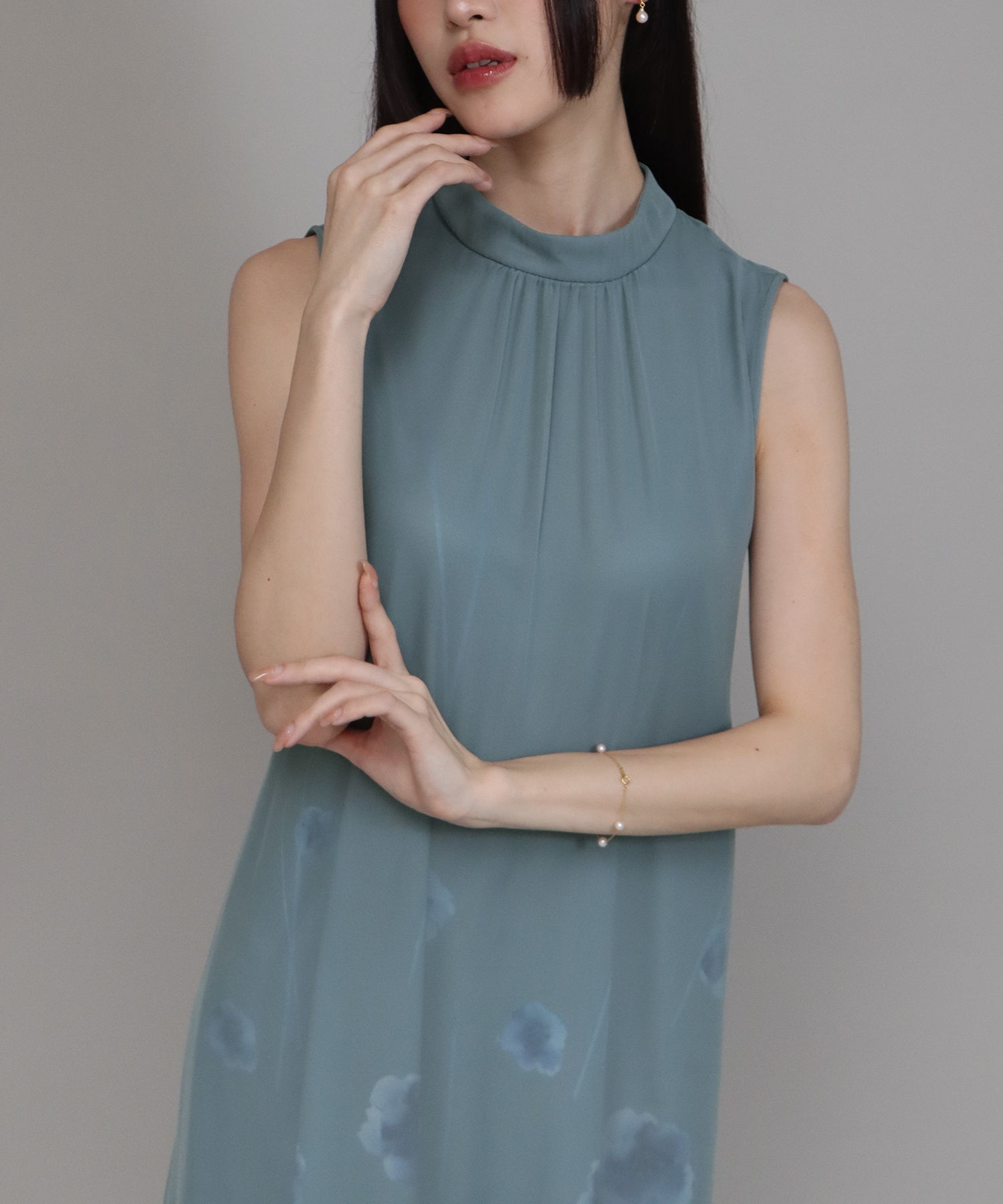 TIME SALE】日本製 アートフラワープリントノースリーブドレス – BLUE