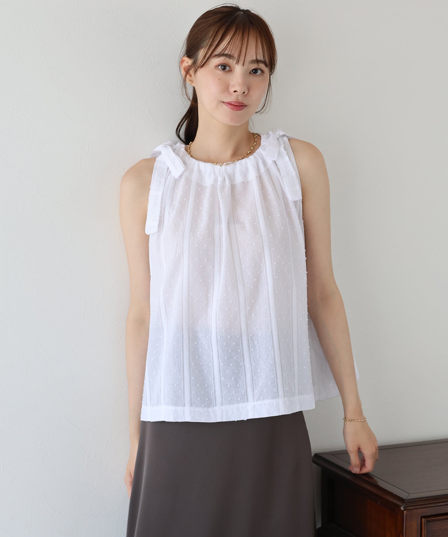 【SALE】ドットジャガードリボンブラウス