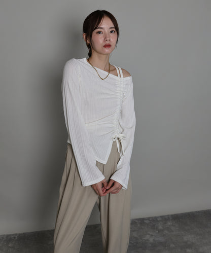 【TIME SALE】ワンオフショルダーギャザーリボンTシャツ[ J by blue ]【ネコポス】