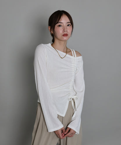 【早割5％OFF】ワンオフショルダーギャザーリボンTシャツ[ J by blue ]【ネコポス】
