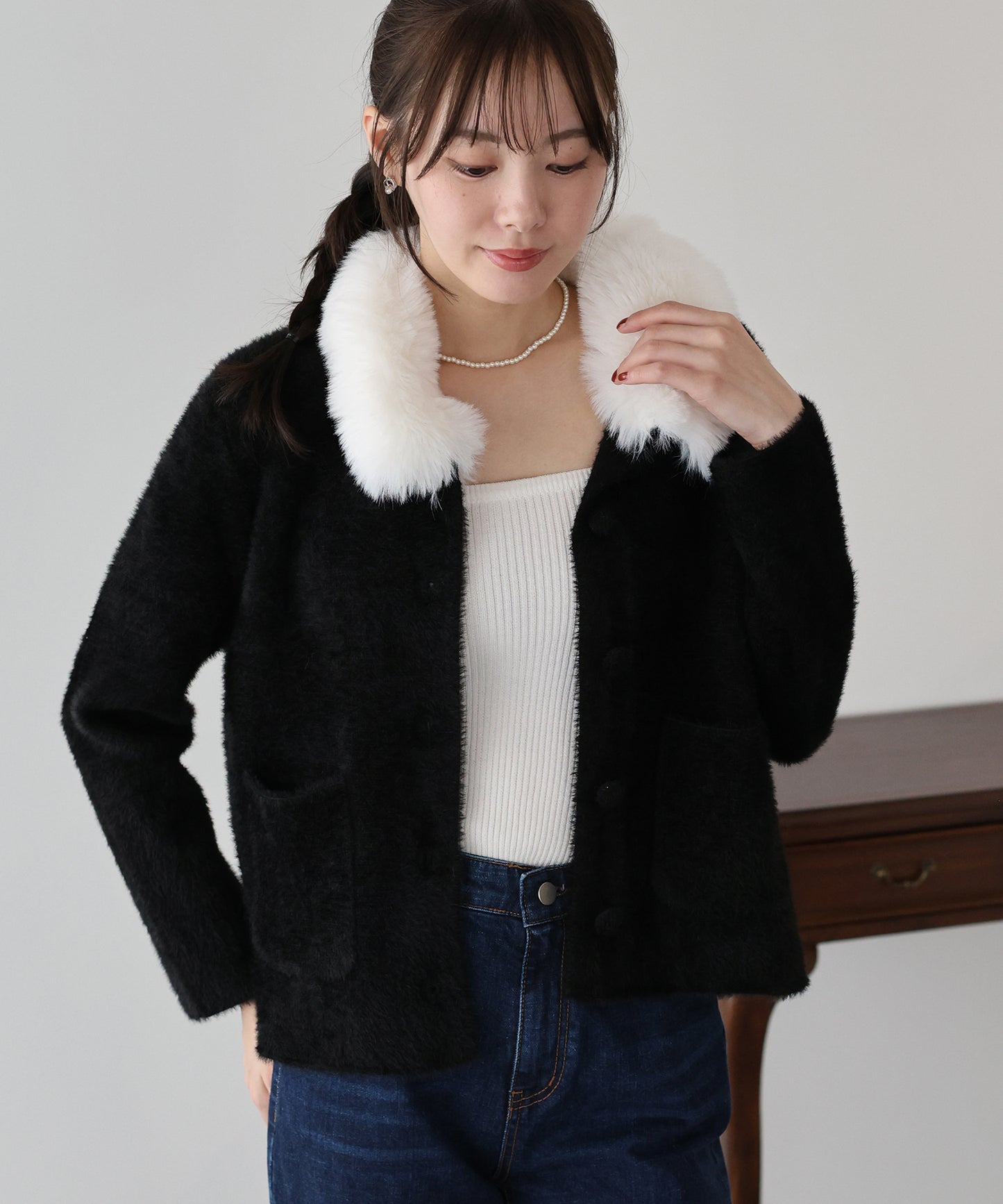 【早割5％OFF】ファー襟ニットジャケット