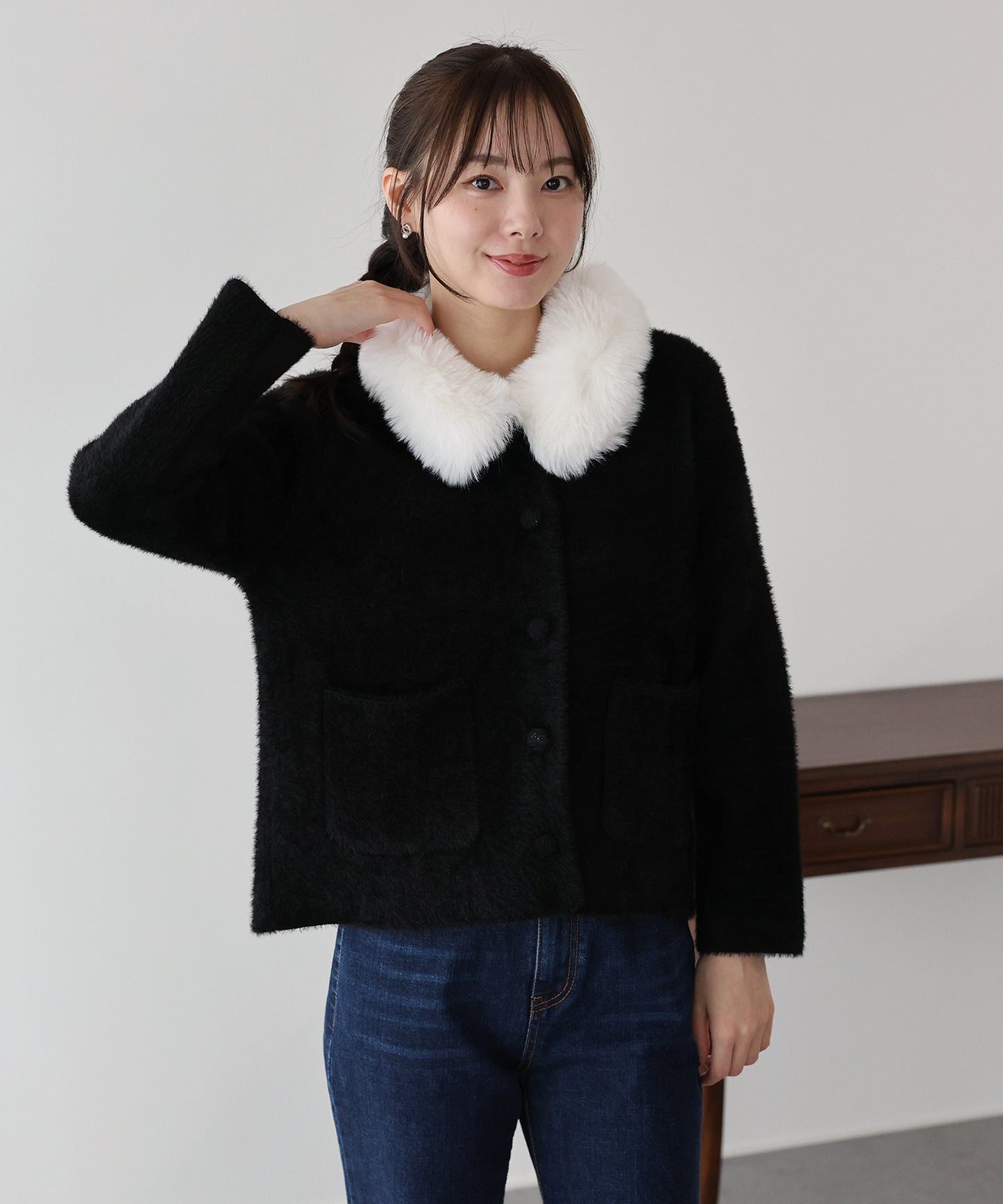 【早割5％OFF】ファー襟ニットジャケット